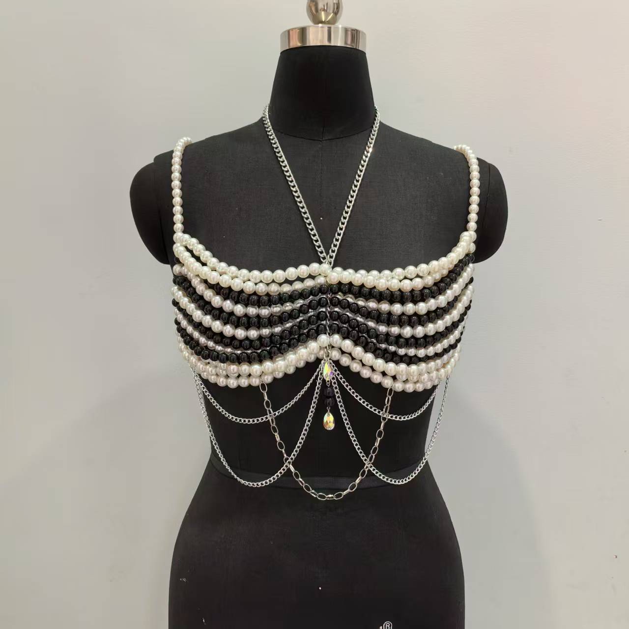 Body Jewelry Vest - Black White Woven Plastic Pearls Camis